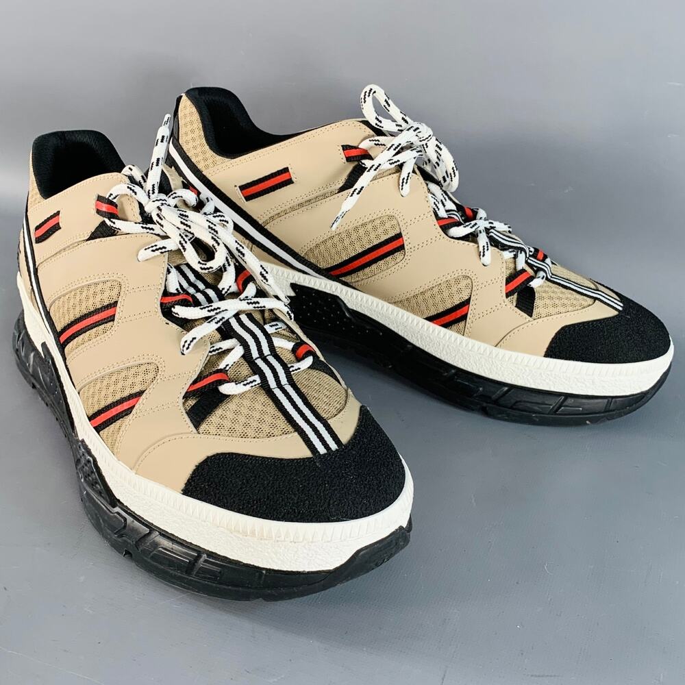 BURBERRY by RICARDO TISCI Size 12 Tan Black Red Stripe Mesh Low Top Sneakers